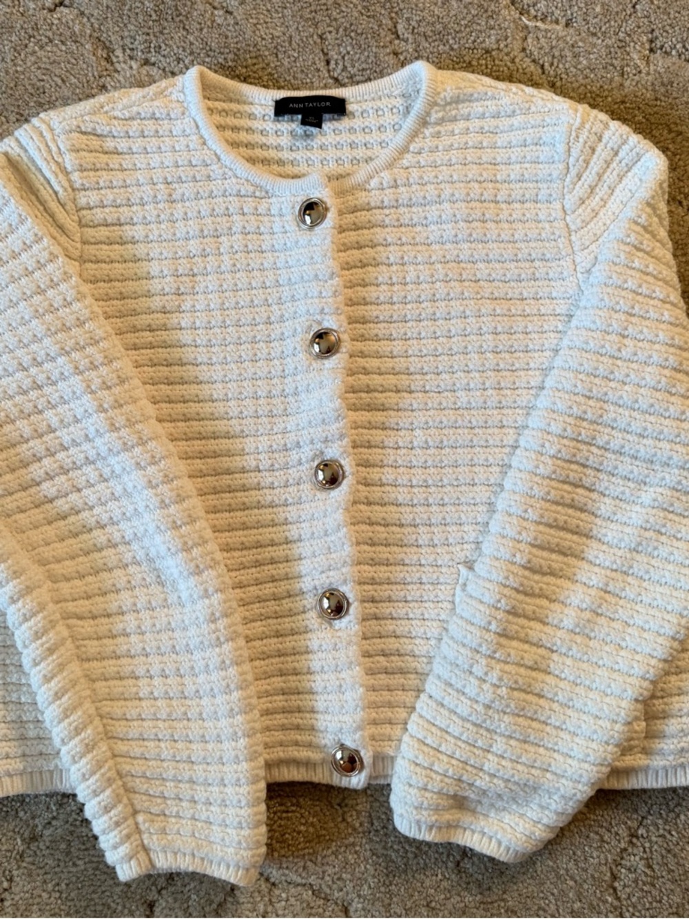 Ann Taylor Ivory Ribbed Knit Button-Front Cardigan